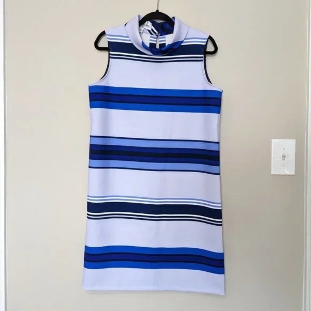 Sara Campbell Blue Purple Striped Mock Neck Sleeveless Dress
